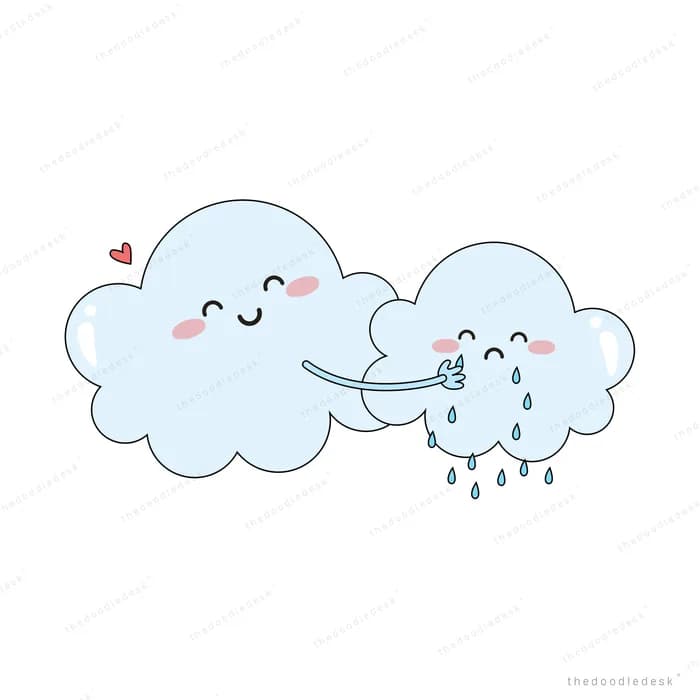 Two smiling clouds, one raining lightly