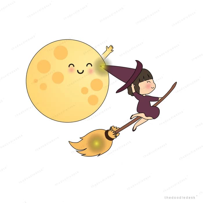 Witch on a broomstick flying past a large moon