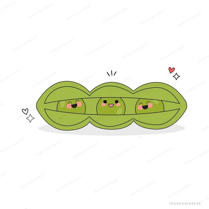 Three smiling peas inside an open pod