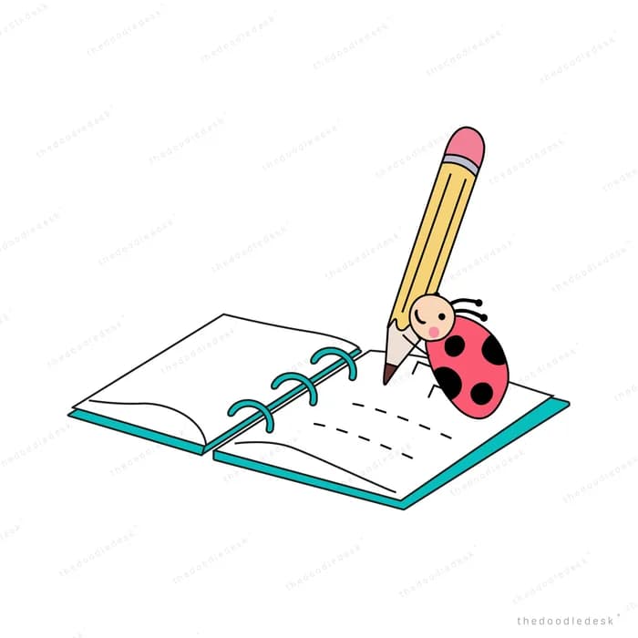 Open notebook with a pencil and ladybug