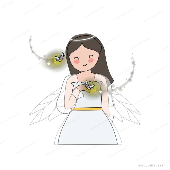 Winged woman holding two dark glowing orbs