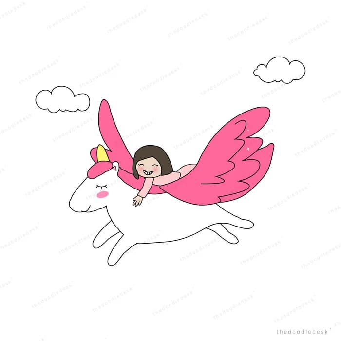 Winged girl riding a unicorn through clouds