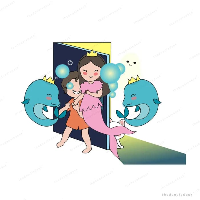 Mermaid and dolphins in a doorway of light
