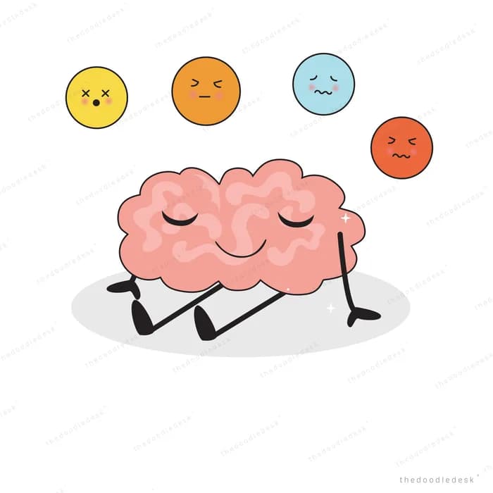 Pink brain character walking beneath mood faces