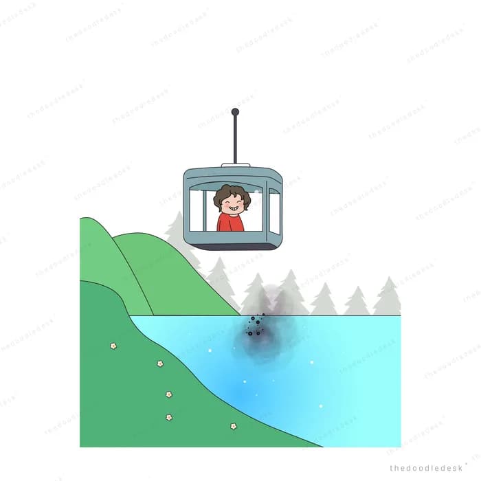 Cable car crossing above a green and blue valley
