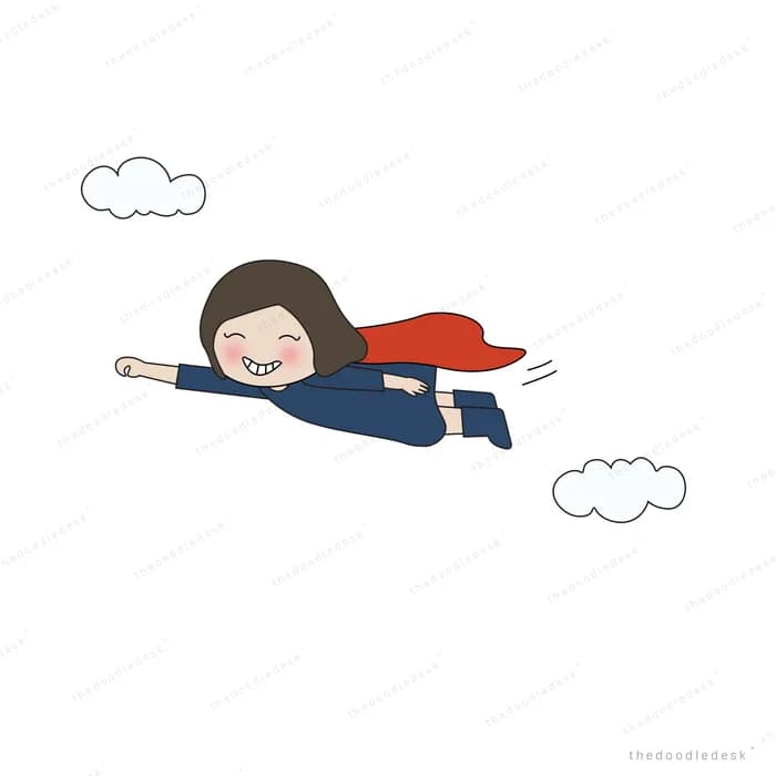 Woman in a red cape flying through clouds