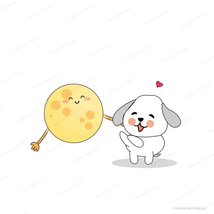 Dog holding a smiling moon like a balloon