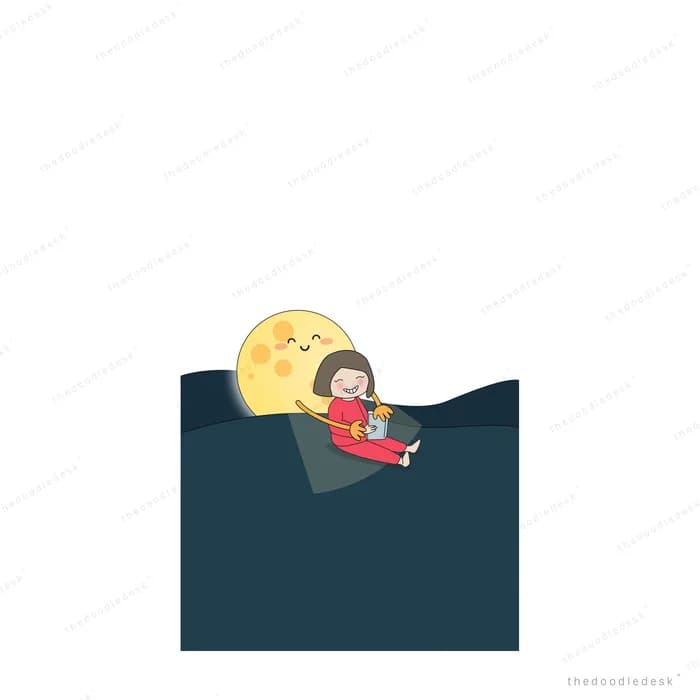 Girl reading beside a moon on a dark ledge