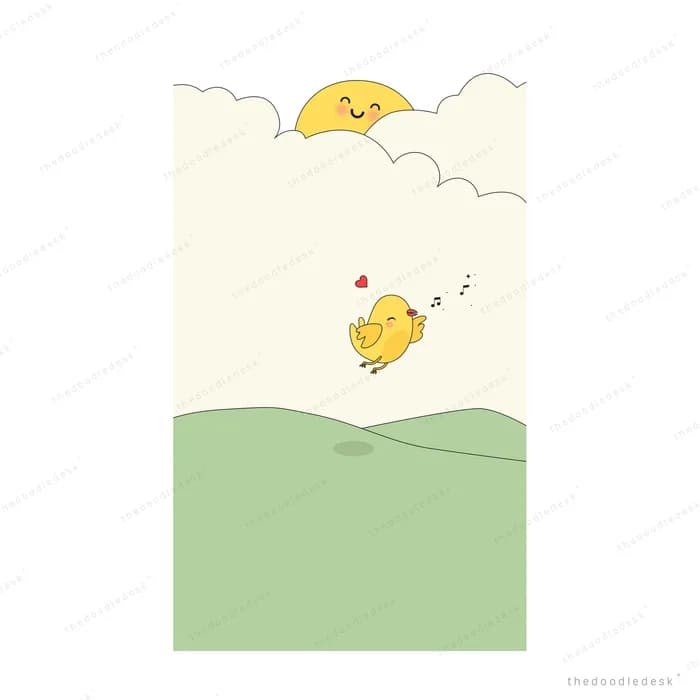 Chick flying below a smiling sun over a green field