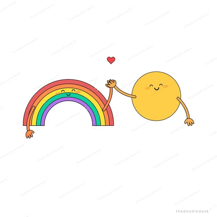 Smiling sun reaching toward a rainbow arc