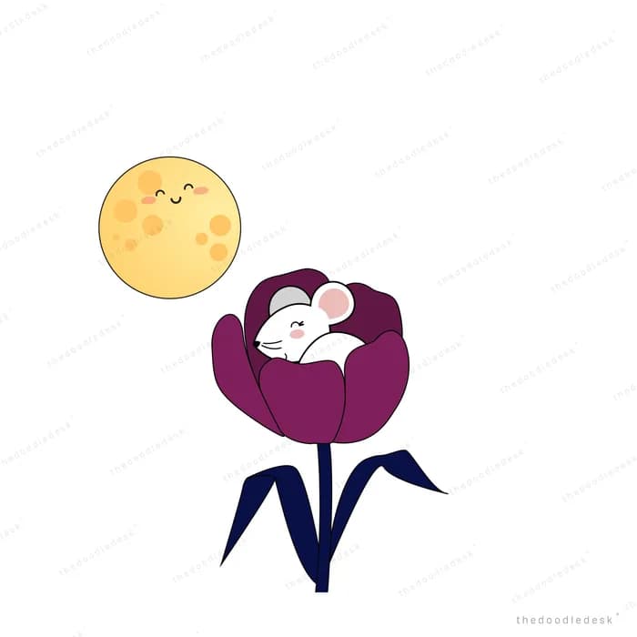 Mouse in a purple tulip beneath a smiling moon