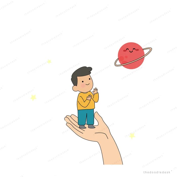 Tiny boy standing on a giant hand reaching a planet