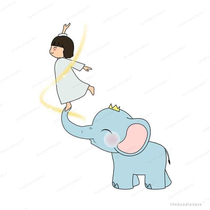 Crowned elephant lifting a girl in a white dress on a swirl of golden magic