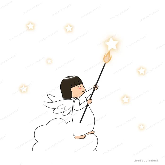 Winged angel girl sitting on a cloud lighting stars with a glowing wand
