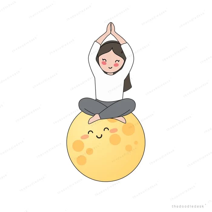 Girl meditating cross-legged with arms raised on top of a smiling moon