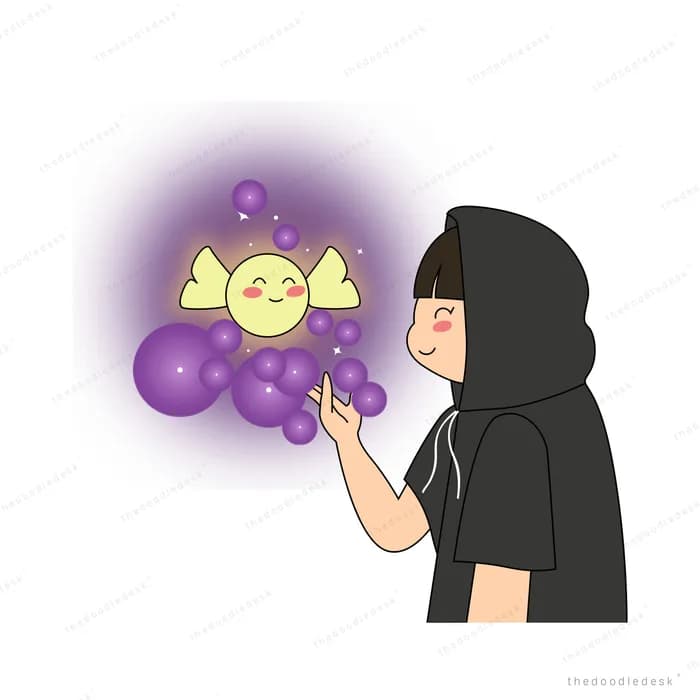 Girl in a black hood reaching toward a glowing winged moon in a purple haze