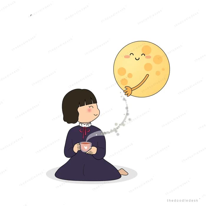 Girl kneeling with a mug linked by a beaded string to a smiling moon