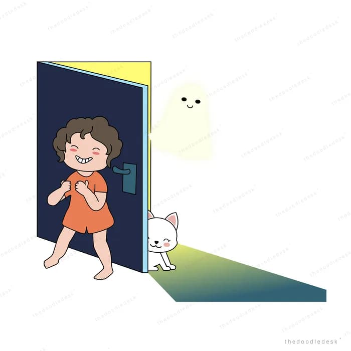 Girl running out of a dark doorway past a glowing ghost while a white cat peeks