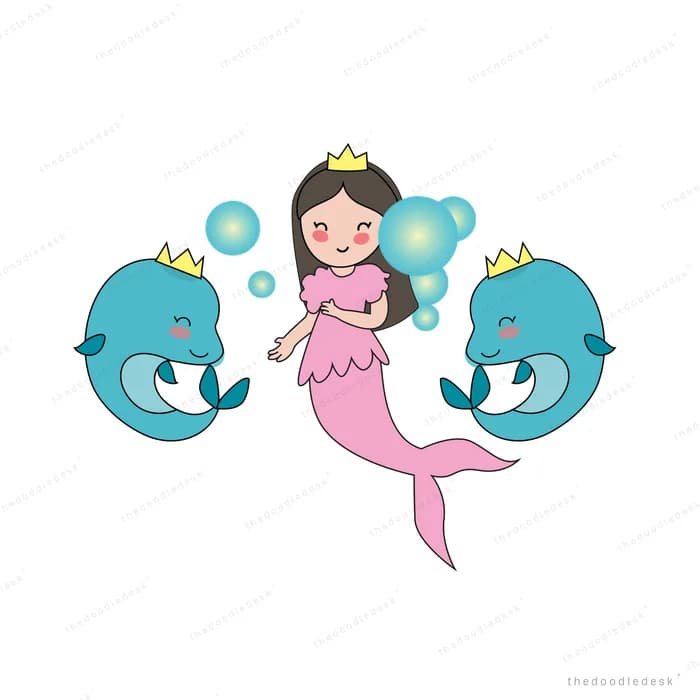 Crowned mermaid swimming between two crowned blue dolphins