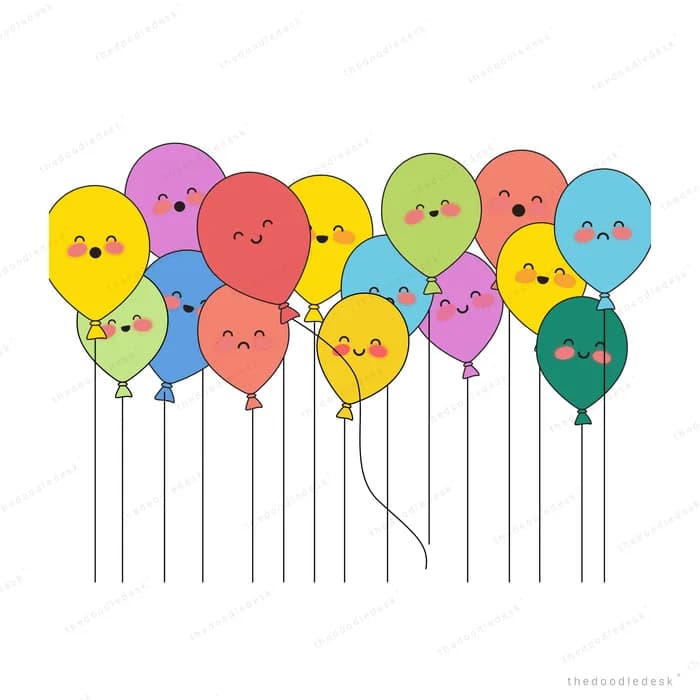 Cluster of colourful balloons with smiling faces floating on long strings
