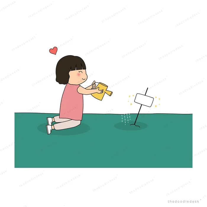 Girl kneeling on a green lawn watering a seedling beside a plant label