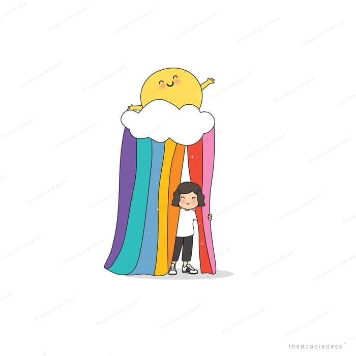 Girl standing inside a rainbow curtain hanging from a cloud under a smiling sun