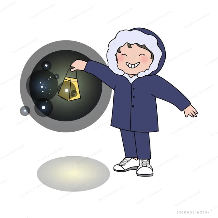 Boy in a hooded coat reaching a lantern into a dark starry sphere