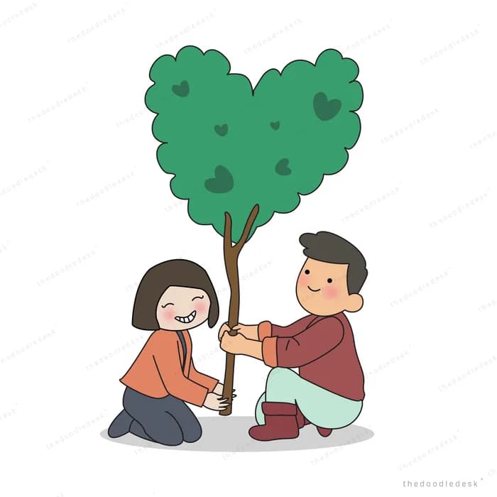 Two people kneeling to plant a heart shaped tree together