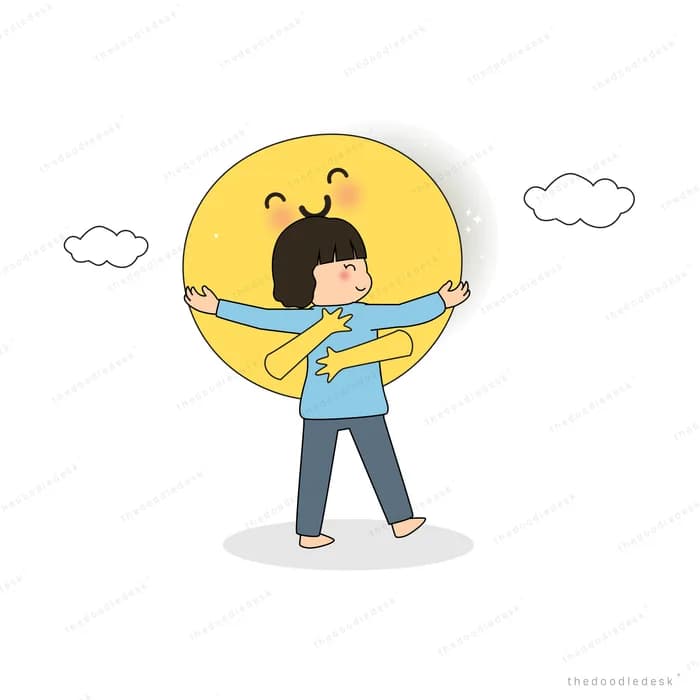 Girl hugging a huge smiling yellow moon among clouds