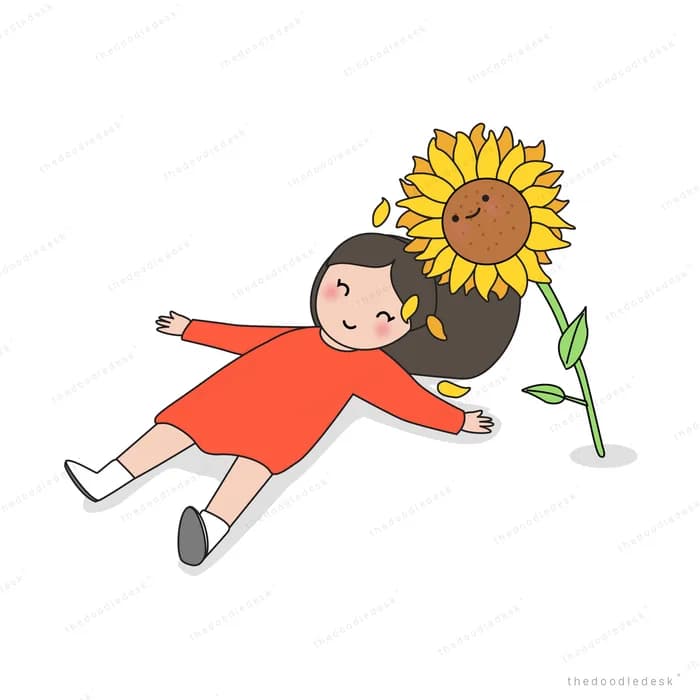 Girl in a red dress lying on the ground beside a tall sunflower