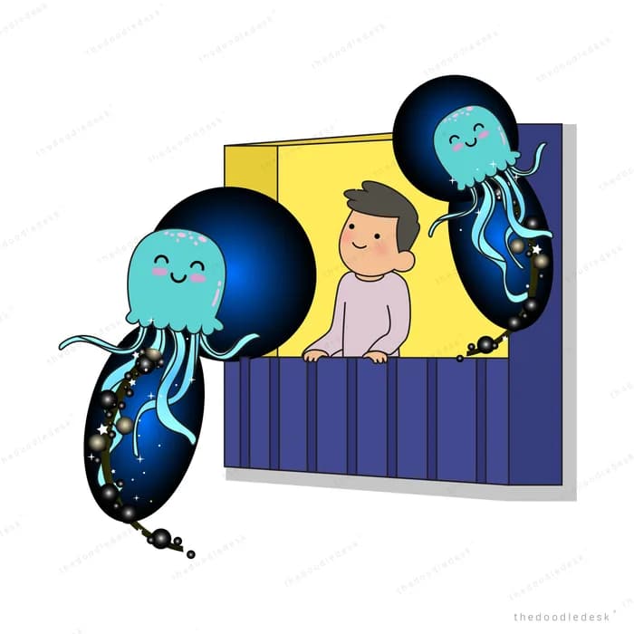 Boy leaning out of a window while two glowing blue jellyfish float past