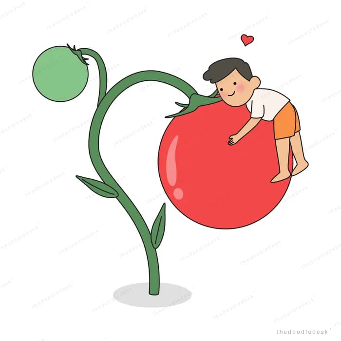 Boy hugging a giant red berry growing on a tall green vine