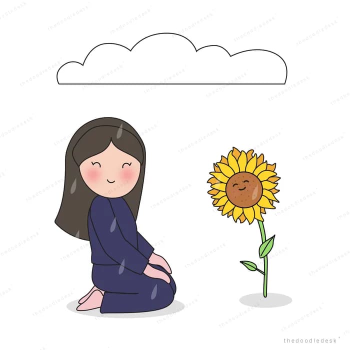 Woman in a navy dress kneeling beside a sunflower under a cloud