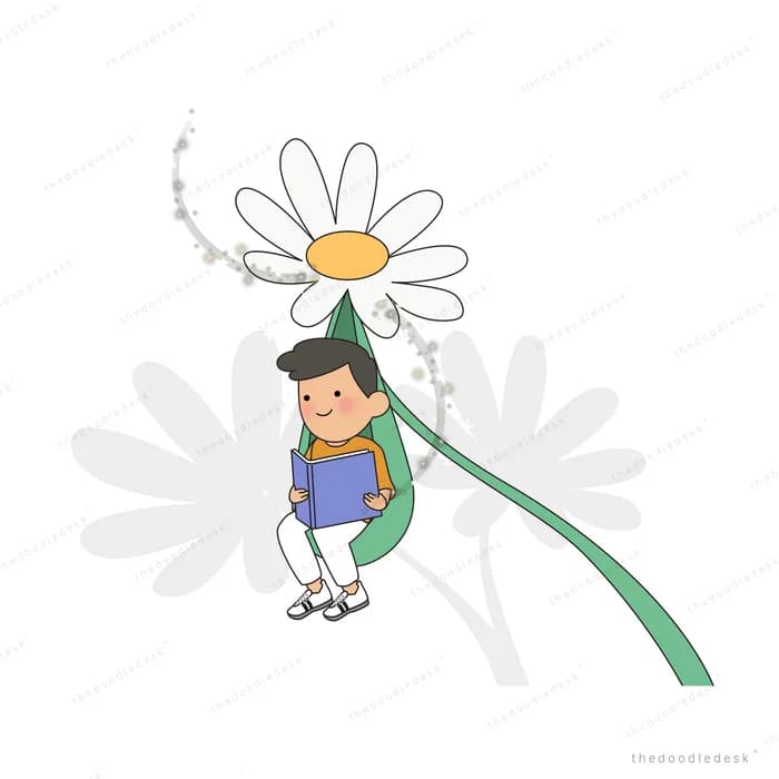 Boy reading a book while sitting on a giant daisy petal swing