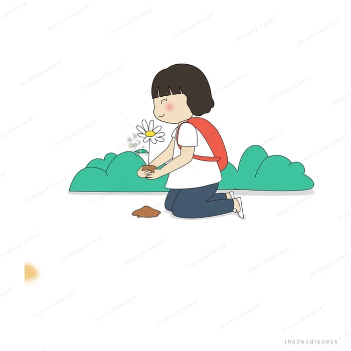 Girl kneeling to plant a white daisy in a garden bed