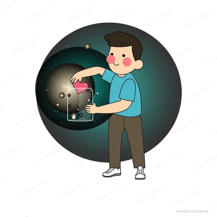 Man pouring a pink heart into a glowing jar against a dark starry circle