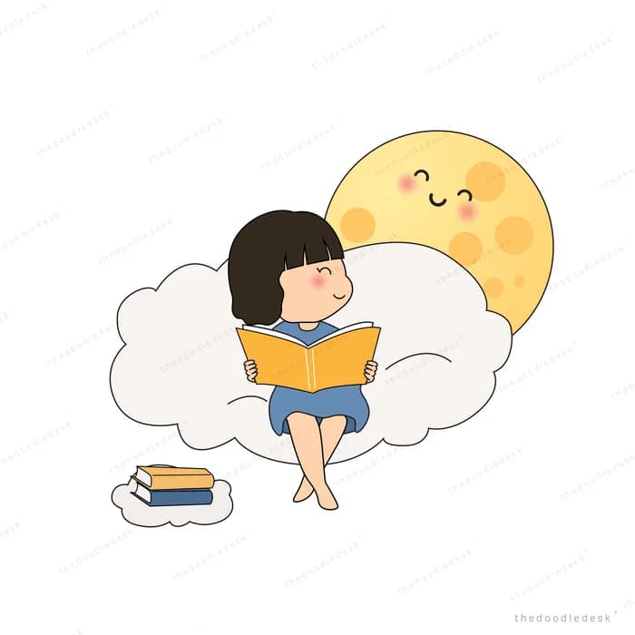 Girl reading a book on a cloud beside a smiling moon with books stacked below