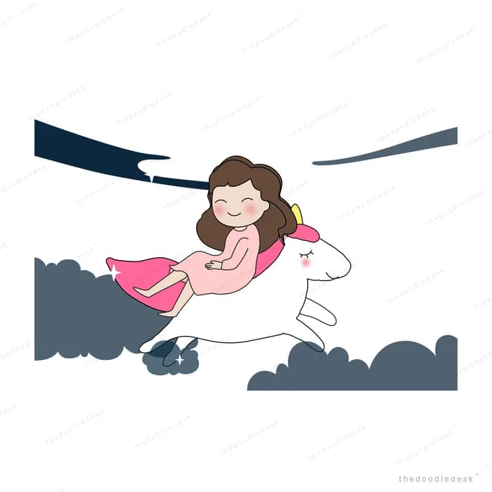 Girl riding a white winged unicorn through dark clouds