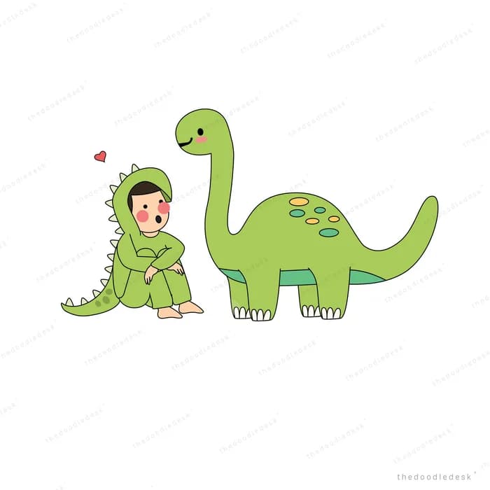 Child in a green dinosaur costume sitting beside a green dinosaur