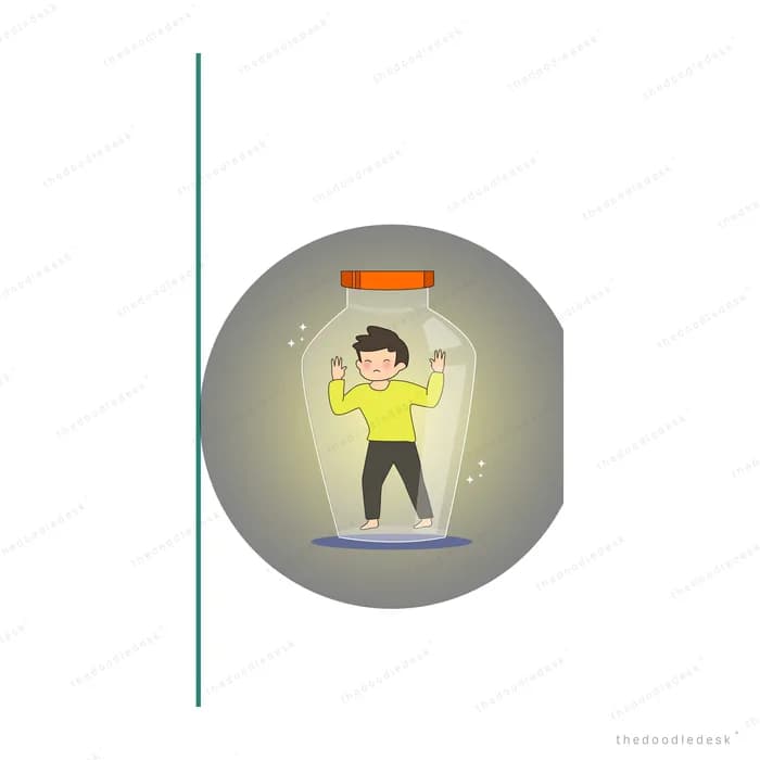 Boy standing inside a glowing glass jar with arms raised