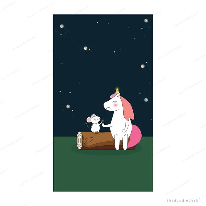 Unicorn and a small mouse beside a log under a starry night sky