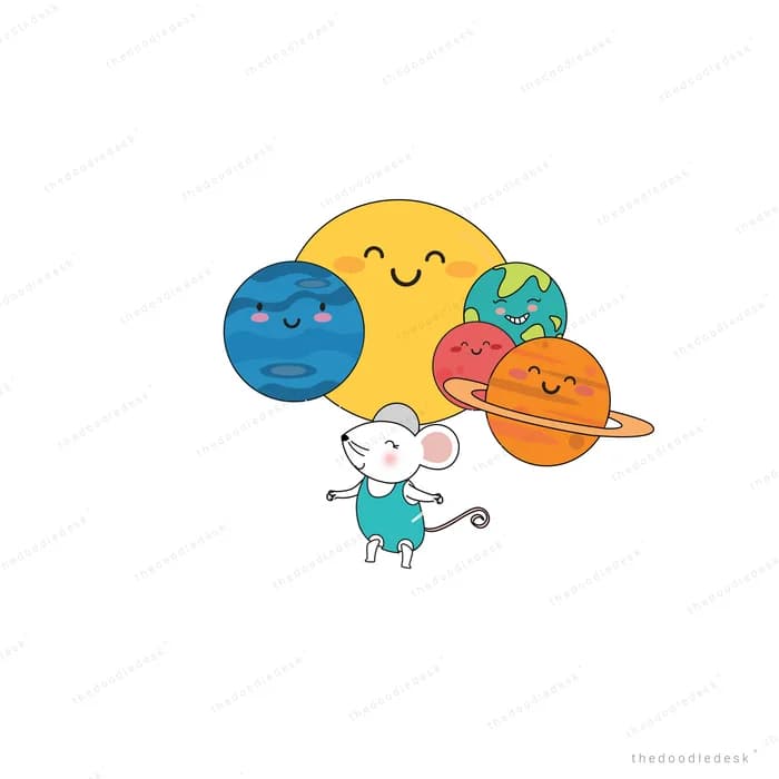 Tiny mouse holding a small cluster of planet balloons on a large empty field