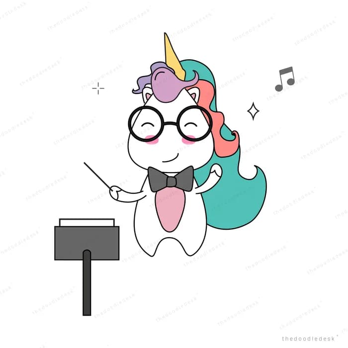 Unicorn in glasses and a bow tie conducting music at a podium