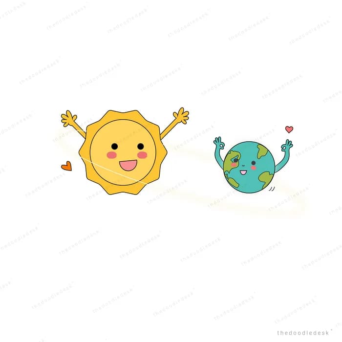 Smiling sun and smiling earth waving to each other