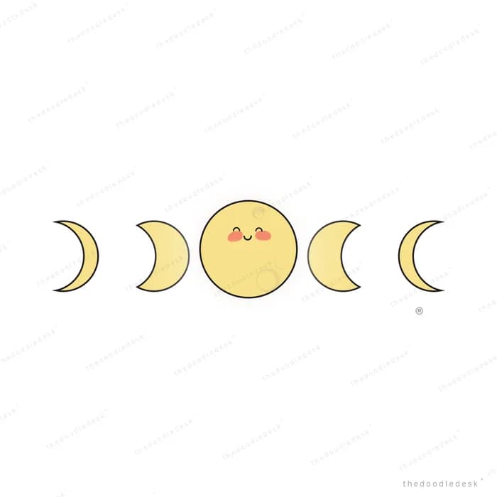 Five moon phases with a smiling full moon at the centre