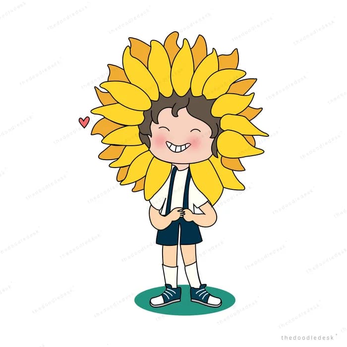 Boy holding a large sunflower so its petals frame his face