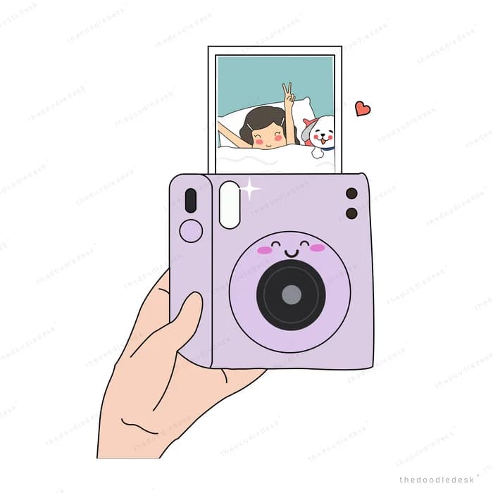 Hand holding a lavender instant camera printing a photo of two people