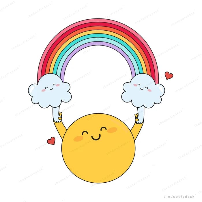 Smiling sun character holding up a rainbow arch resting on two clouds