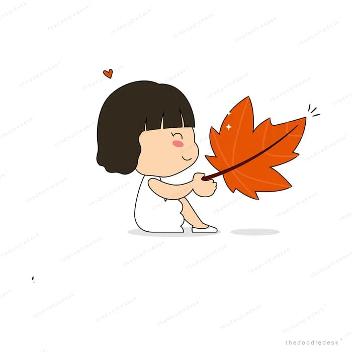 Small girl crawling toward a large orange maple leaf with a heart above