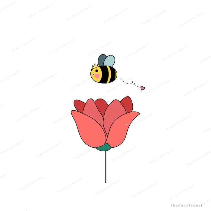 Bee hovering above a single red tulip on a green stem